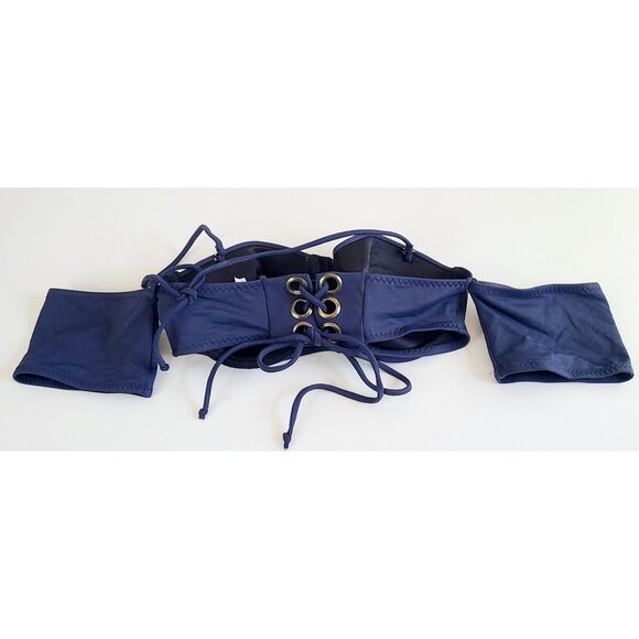 Yandy Navy Blue Bandeau Bikini Top With Halter Strap & Lace-Up Back - Picture 2 of 13